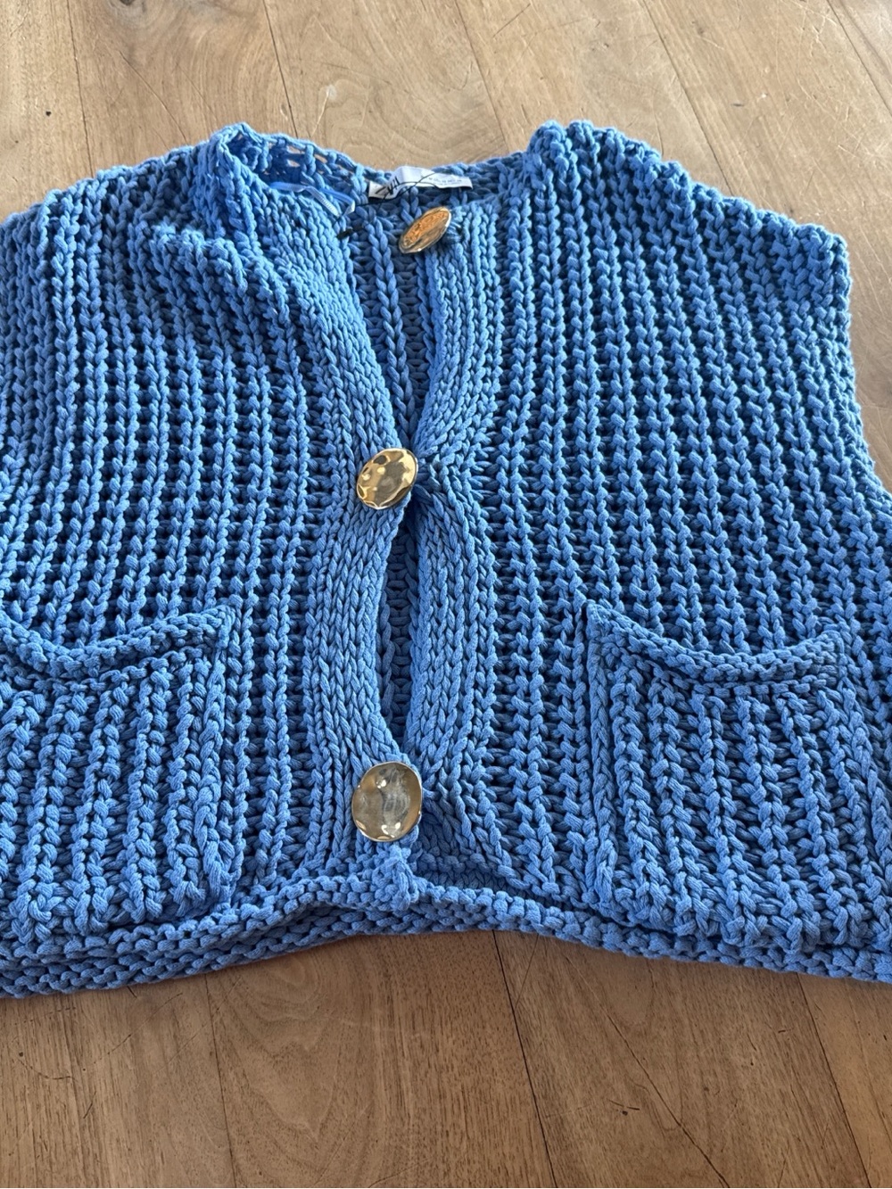 Zara Sky Blue Chunky Knit Button Front Vest